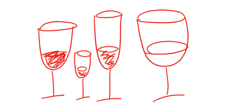 Grunge scribble,  red drawing of different sized drinking glasses, scrawl red marker	