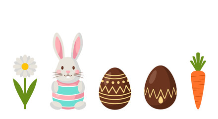 Obraz premium A charming assembly of Easter icons, featuring a delicate white daisy, a cute white rabbit, two uniquely patterned chocolate eggs, and a vibrant orange carrot, perfect for spring holiday themes.