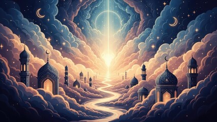 Fototapeta premium Mystical Mosques in Cloudy Night Sky.