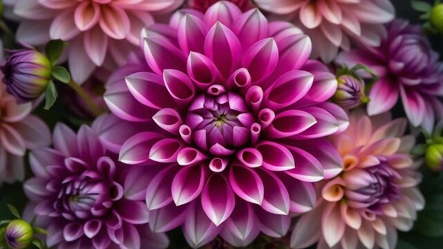 Beautiful close up of purple dahlia flowers with amazing detail and colors