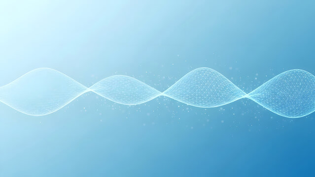 Digital wavy particle string on a blue background creating an abstract technology concept