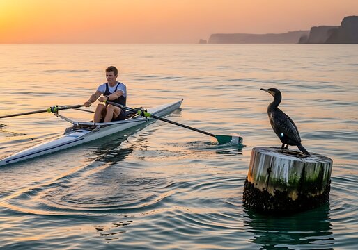 Athletic man sculling a narrow boat near a perched aquatic bird during a tranquil sunset