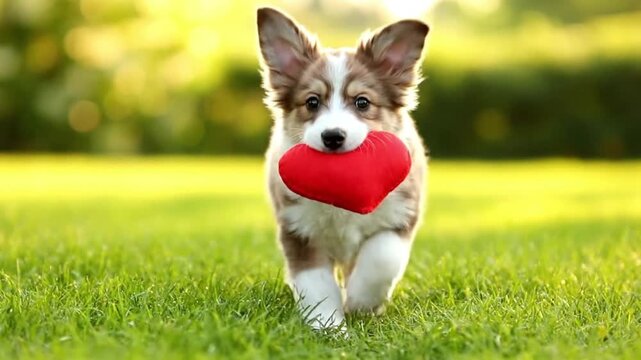 Cute fluffy corgi puppy running on green grass holding a red heart-shaped toy in its mouth in bright outdoor sunlight. Concept of love, joy, pet affection, and playful Valentine's Day moment