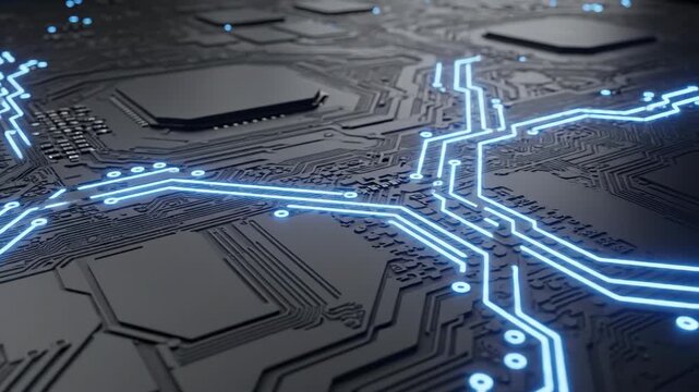 Animated motherboard texture. A clean abstract visualization of a motherboard-like surface where luminous paths animate through precise geometric circuitry.