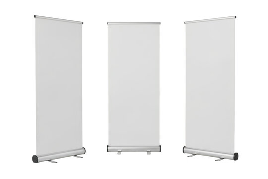 Three blank white roll-up banners in various angles for advertising and promotion mockup isolated on transparent background