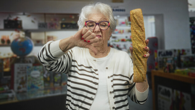 Elderly woman in striped cardigan holding a long baguette with right hand and showing left hand thumbs down in a shop building; disapproval taste critique.