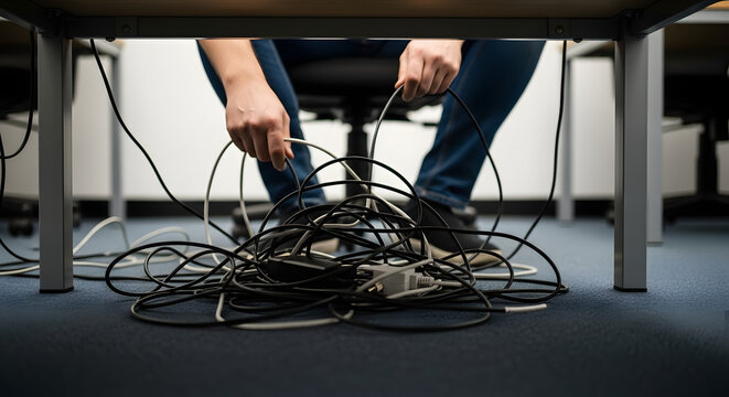 Person managing tangled cables under a desk in an office environment