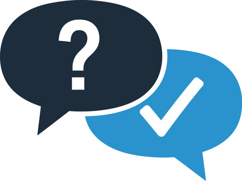 Question mark and checkmark in overlapping speech bubbles symbolizing inquiry resolution customer support frequently asked questions or communication feedback concepts