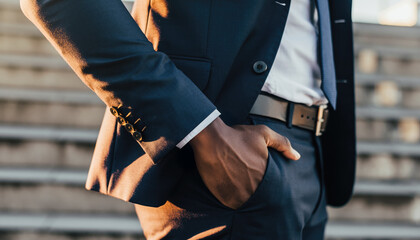 Elegant Businessman in Suit with Watch Posing Outdoors