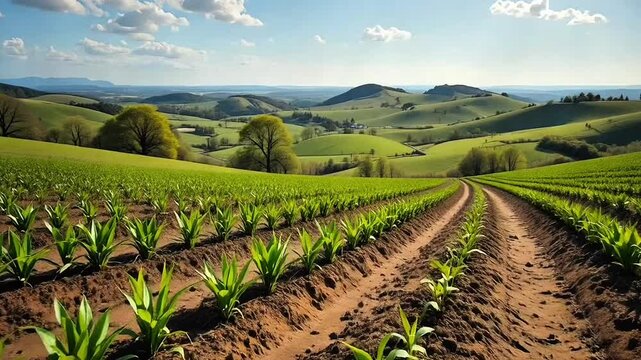Rolling Green Hills with Young Crop Rows in Fertile Farm Field under a Sunny Summer Sky
