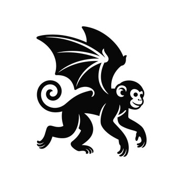 Whimsical flying monkey silhouette with bat wings and curly tail for fantasy and mischief themes
