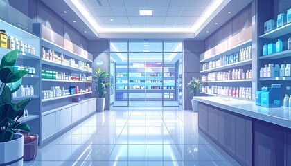 Fototapeta premium Pharmacy Interior: A modern pharmacy with organized shelves stocked with medical supplies and over-the-counter products, inviting a sense of health and well-being.