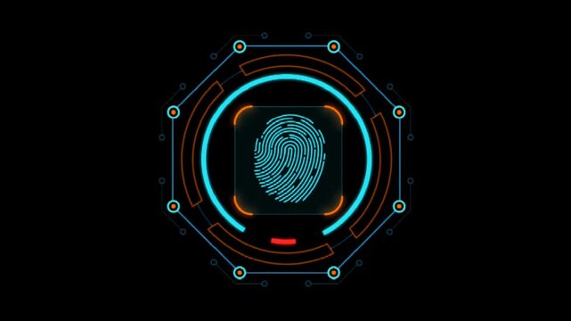 Futuristic fingerprint scan HUD with glowing biometric interface, cyber security authentication and digital technology elements on black screen 
