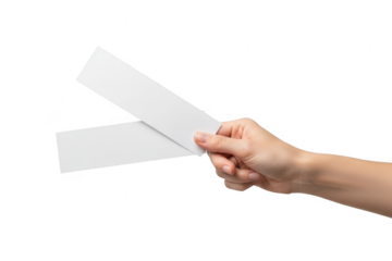 A female hand holding two blank white strips of paper against isolated on transparent background