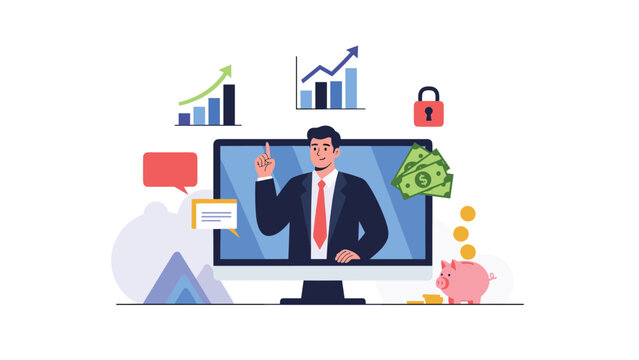 Online business course instructor appearing on a computer screen surrounded by financial icons like money graphs and piggy bank.