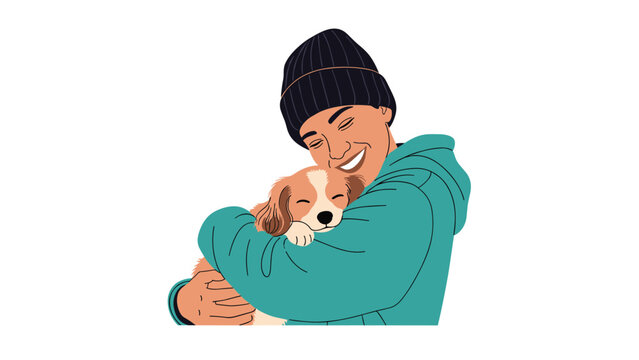 Joyful young person wearing a beanie and teal hoodie hugging a small brown and white puppy with eyes closed in pure affection.