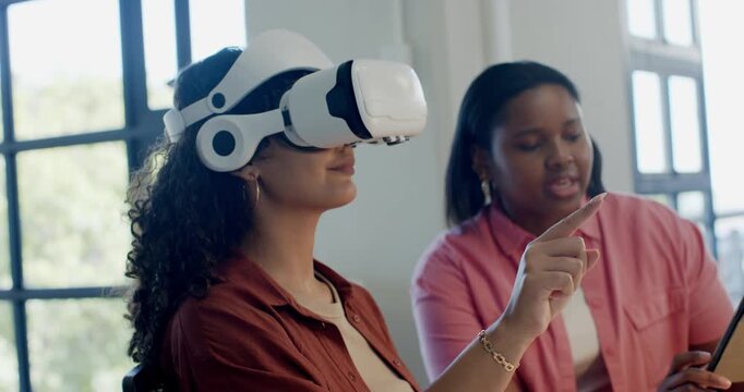 African American women demoing VR headset at work, guide tapping tablet user pointing, copy space
