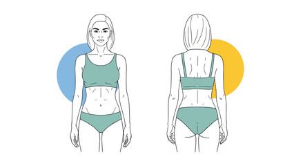 Medical diagram showing the front and back views of a slender female body in underwear, used for health, fitness, or anatomical study.