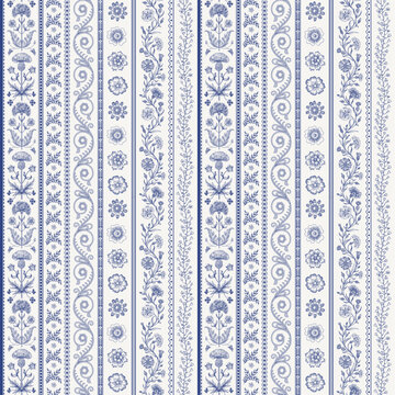 The Meadow. Floral vertical stripes. Vintage seamless pattern. Blue and white