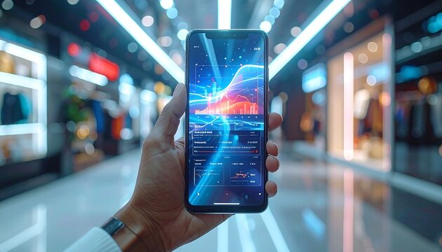Smart device technology: A person holds up a cutting-edge smart device, revealing an advanced screen showcasing data-driven visuals against the blurred background of a modern shopping mall. 