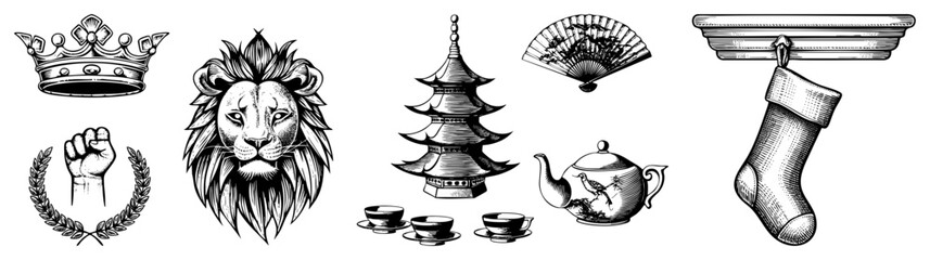 Obraz premium Vintage Inspired Set Featuring Crown, Lion,, Fan, Teapot, and