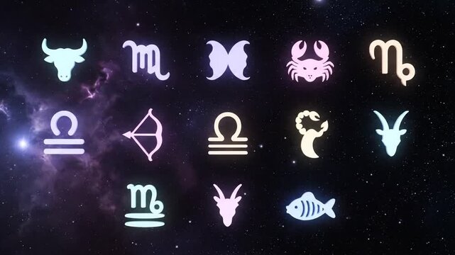 Collection of various colorful glowing astrological zodiac signs set against a dark cosmic background with stars and nebula, spiritual symbols.
