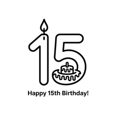 A simple line drawing of a candle shaped like the number fifteen