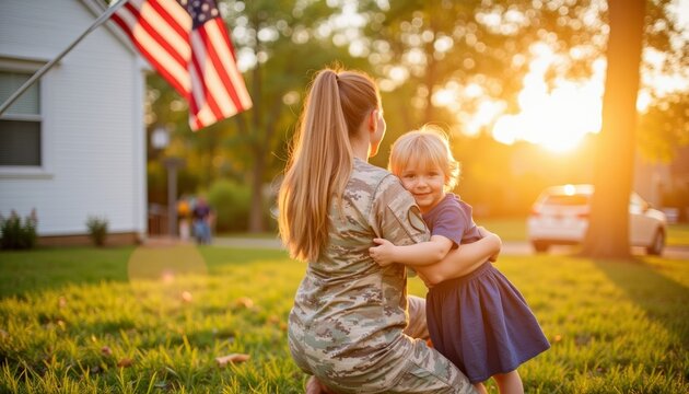 Military woman hugging young girl in sunset with American flag  