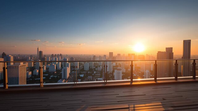 A wooden deck with glass railing overlooks a city skyline at sunset