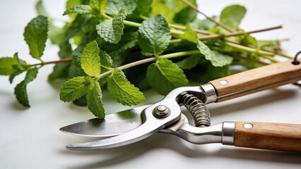 Garden scissors beside fresh mint bunch for gardening projects, showcasing essential tools for maintaining healthy herb growth. Perfect setting for gardening enthusiasts and fresh herb preparation.