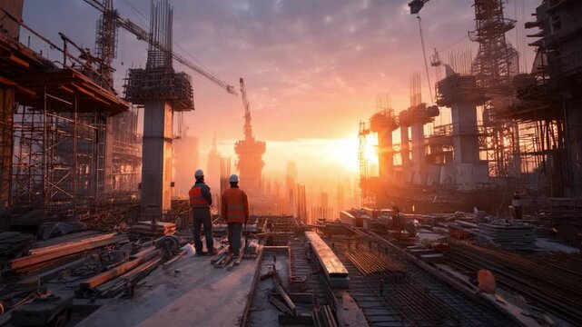 Construction Site Sunset: Two construction workers stand on a bustling construction site at sunset, surrounded by cranes and the skeletal frames of buildings under development.