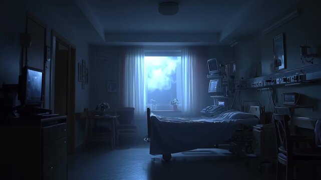 Dim hospital room at night with machines turned off, curtains gently moving in moonlight. From the still body, a soft glowing mist rises toward the ceiling, conveying solemn peace and quiet transition