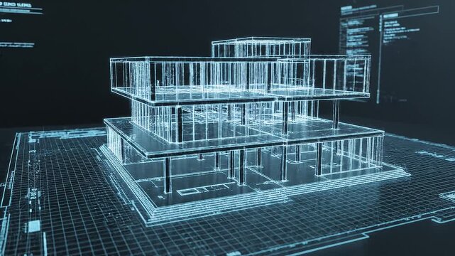 Architectural blueprint visualization with holographic effect of a modern building