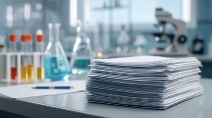 Stacked Papers on a Desk Surrounded by Laboratory Equipment and Scientific Glassware in a Modern Workspace Setting