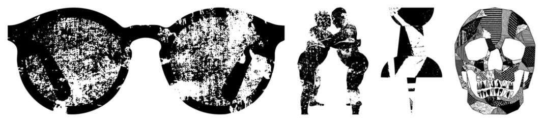 Abstract Black and White Graphic Featuring Sunglasses, Wrestlers,, and Skull