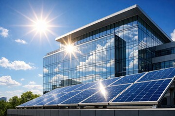 Fototapeta premium Modern building with solar panels under bright sunlight and blue sky.