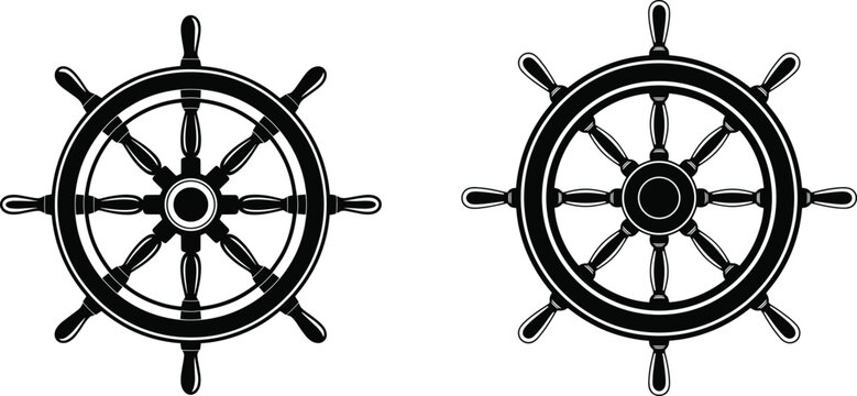 Ship steering wheel silhouette illustration set, nautical helm symbols in black and white for marine navigation, sailing, maritime design and nautical decor vector
