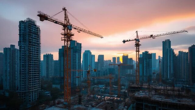Building the Skyline: The cityscape comes alive with towering cranes working against a majestic sunset. High-rise buildings rise from construction sites, illustrating progress.