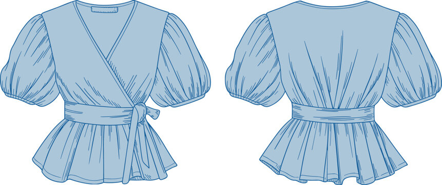 Women wrap blouse flat sketch front and back view, short puff sleeve peplum top fashion technical drawing for apparel design vector illustration