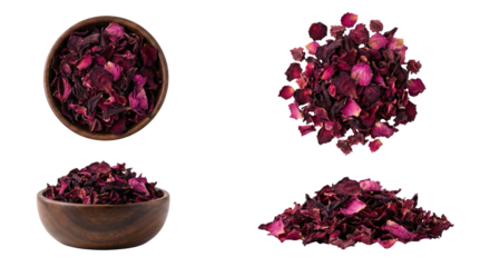 Dried Rose Petals in Wooden Bowls and Pile on White Background