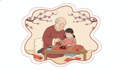 Elderly man teaching calligraphy to a young girl