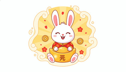 Smiling white rabbit in red Chinese clothing holding gold