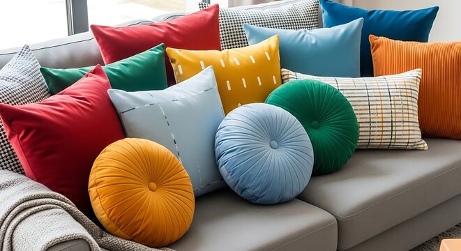 Assortment of colorful throw pillows decorates modern sectional sofa