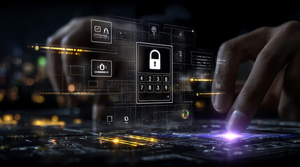 Futuristic cybersecurity data protection digital lock encryption secure access cyber attack password firewall hacker warning security system information security cyber defense network computer