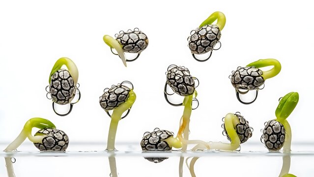 A detailed chia seed close-up centered on an isolated white background, featuring tiny oval seeds approximately 2mm in diameter with mottled patterns in gray, black, white and brown colors, 
