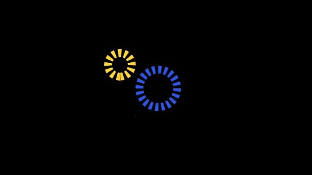 Abstract circular loading indicators animation on dark background, colorful progress spinners loop for UI, tech and digital interface use
