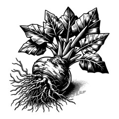 Detailed illustration of a Root Vegetable: A detailed black and white illustration of a root vegetable with intricate details, showcasing its leaves, roots, and bulbous body.