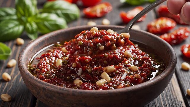 Delicious Sun-Dried Tomato Pesto Preparation, with Fresh Basil and Pine Nuts