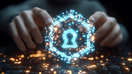Cybersecurity data protection digital lock encryption network security cyber defense hologram keyhole innovation technology Futuristic cybersecurity data protection digital lock encryption network