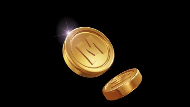 Golden coin with letter M spinning in mid air on black background, shiny 3D finance symbol animation, luxury money concept